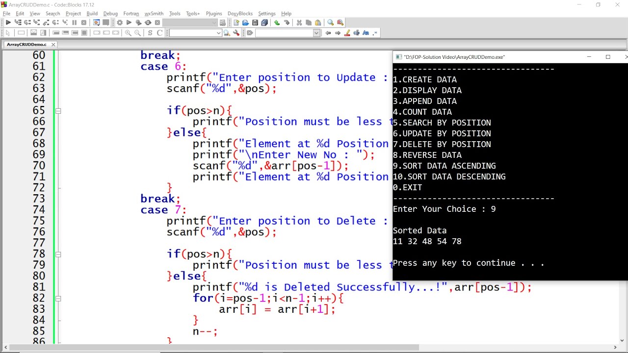 Array - Create, Display, Append, Search, Update, Delete, Sort, Reverse - Menu Driven Program in C