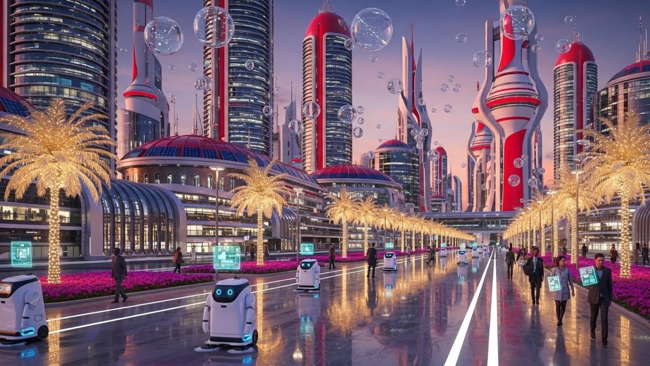 Futuristic Golden City 8K Cinematic | White Sleek Robots & Citizens Working | Solarpunk Metropolis