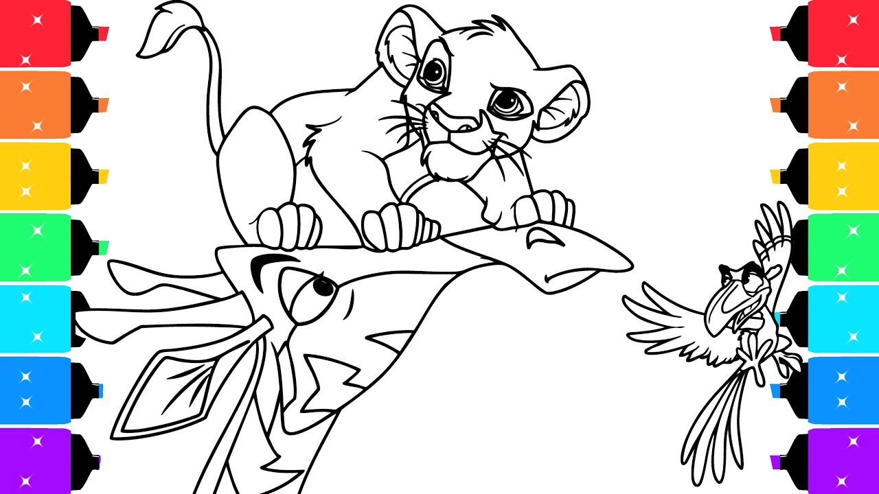 The Lion King Coloring Pages | Coloring Simba Standing on Giraffe with Zazu
