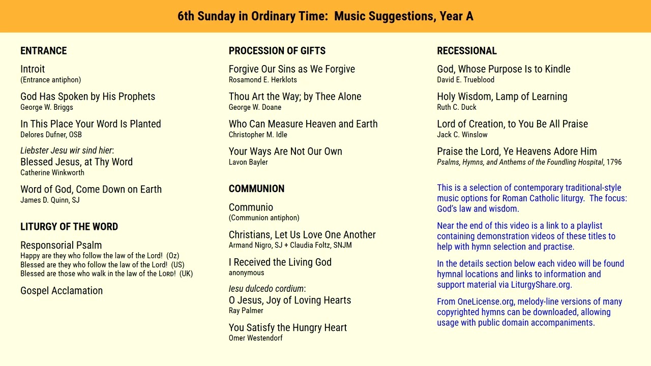 6th Sunday in Ordinary Time:  Music Suggestions, Year A