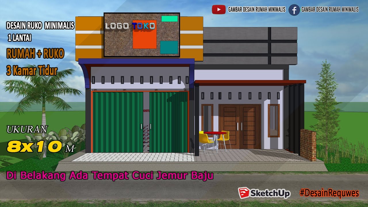 DESAIN RUMAH DAN TOKO SEDERHANA 3 KAMAR TIDUR  RUKO MINIMALIS 1 LANTAI 8 x 10 Meter