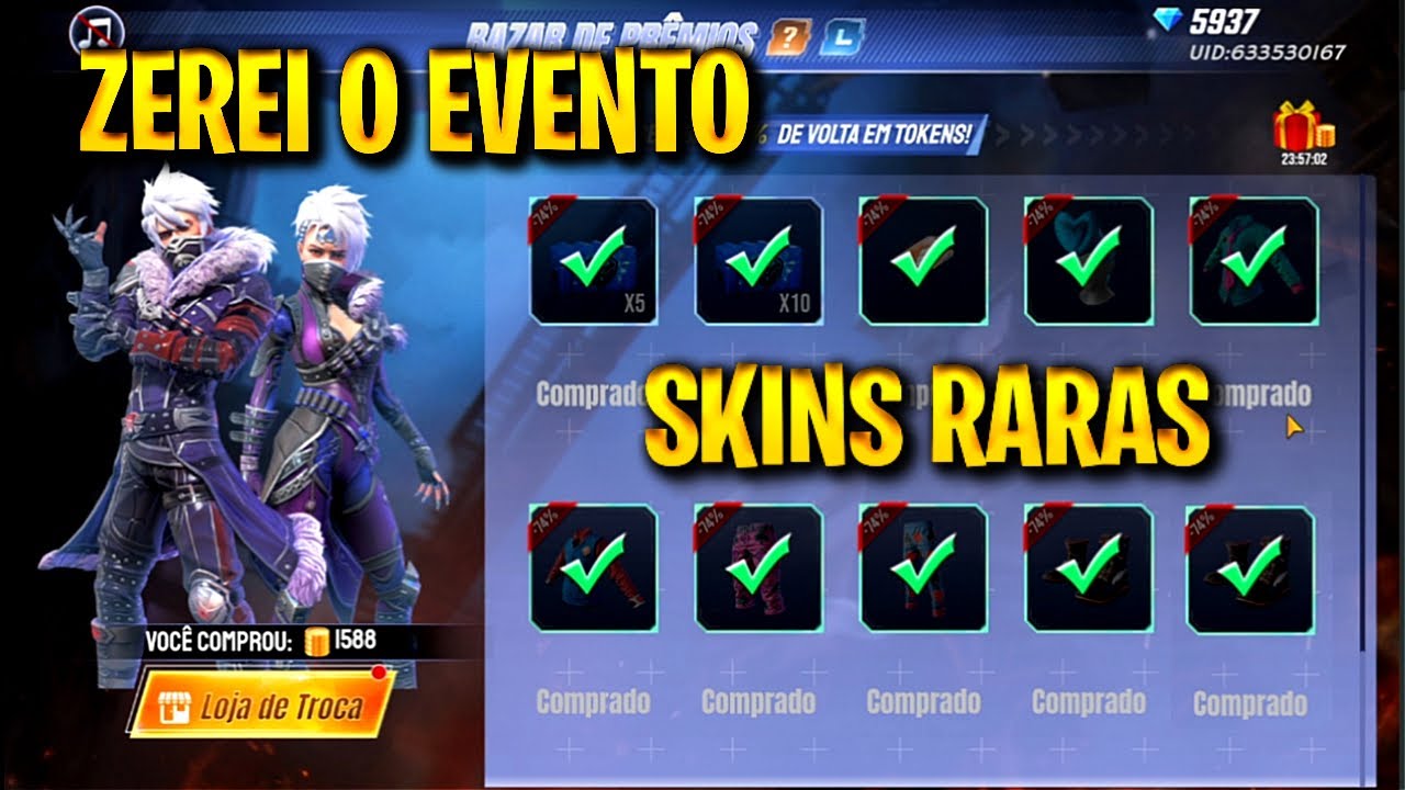 GANHEI TUDO?! BAZAR DE PREMIOS FF - PACOTE SOMBRA ROXA E SKIN RARAS FREE FIRE