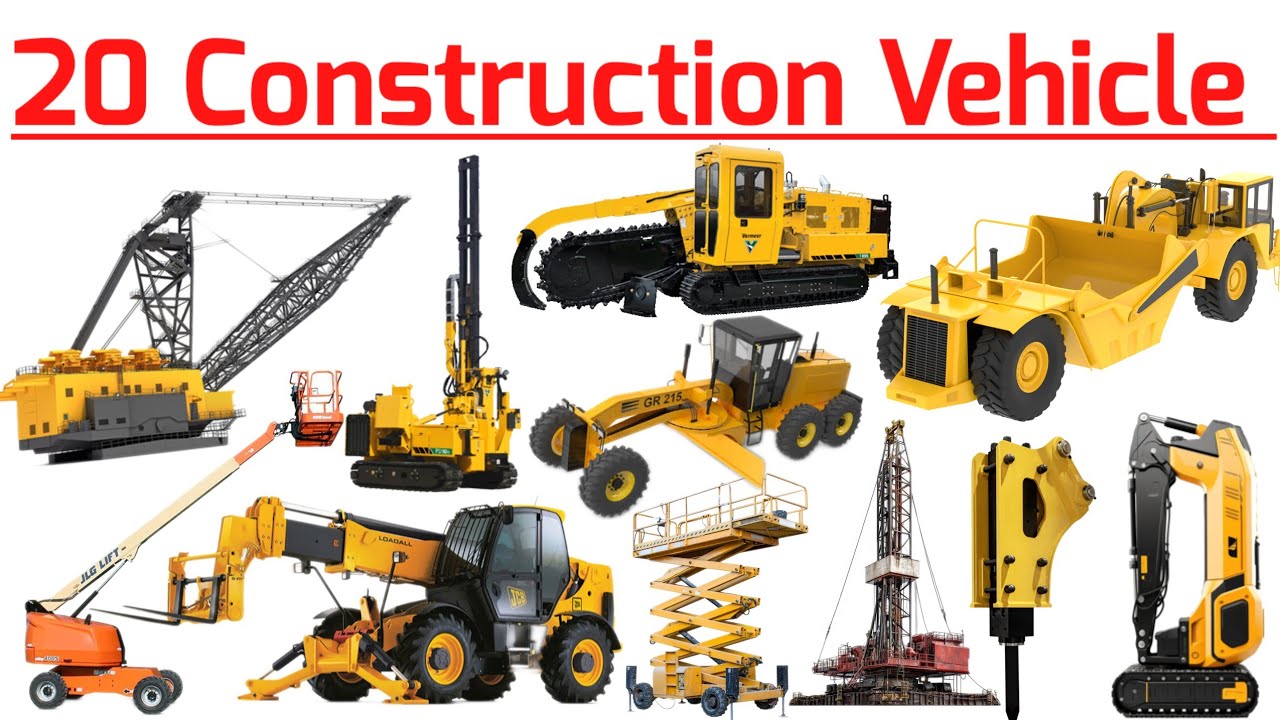 20 वाहनों के नाम सीखें हिन्दी में | 20 Construction Vehicle 🚜 Name For Kids English And Hindi 