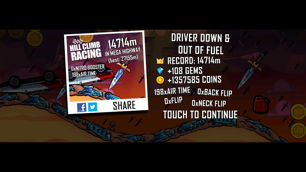 Hill Climb Racing: 14714m in Mega Highway on Fast Car (no boosters, no pets)