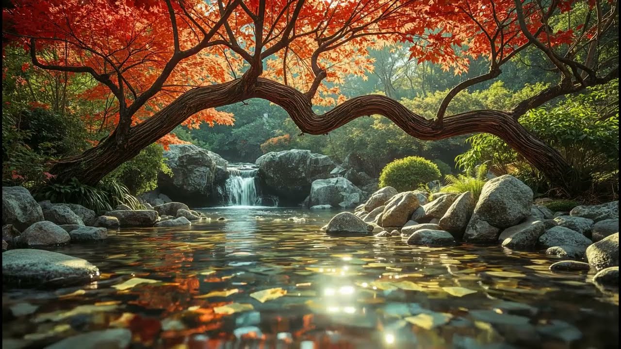 Japanese Maple Garden Waterfall 🍁 | Gentle Stream Sounds & Peaceful Garden Serenity | 3 Hours