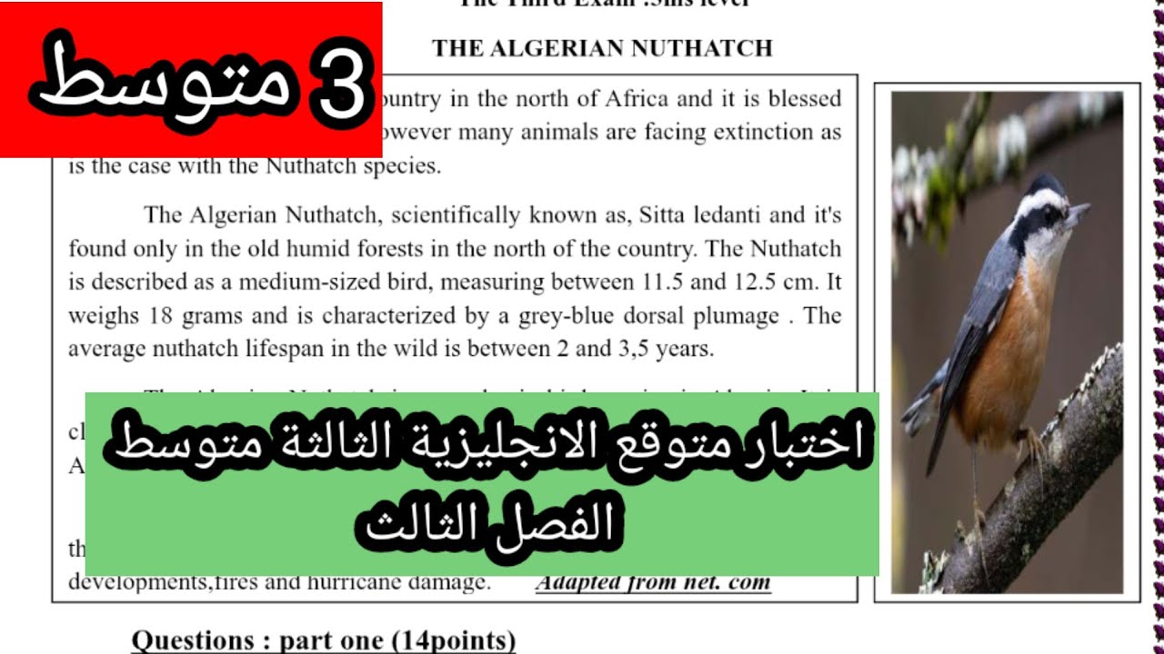اختبار متوقع الانجليزية الثالثة متوسط الفصل الثالث