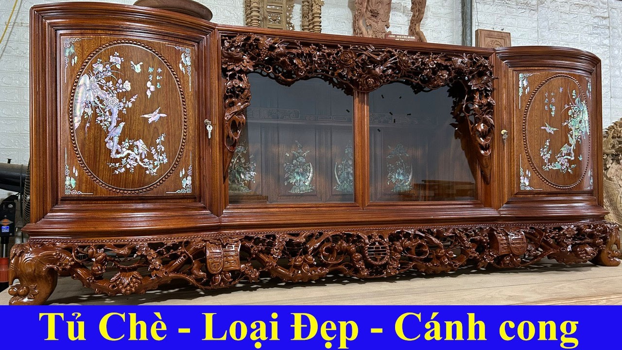 Tủ chè gỗ gụ cánh cong đục cảnh mai điểu và khảm ốc đỏ cảnh mai treo 