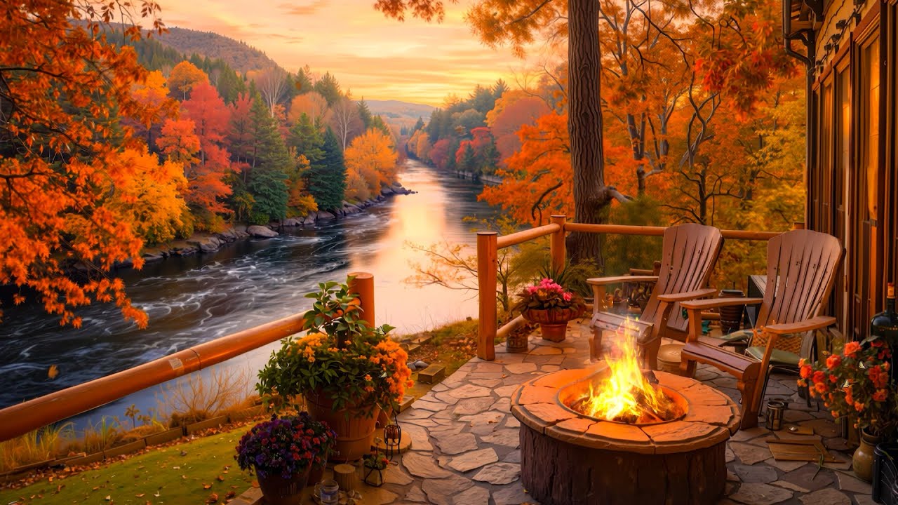 Cozy Autumn Lakeside Porch 🍁 | Gentle Piano, Fireplace Crackles & Birds Singing for Relaxation