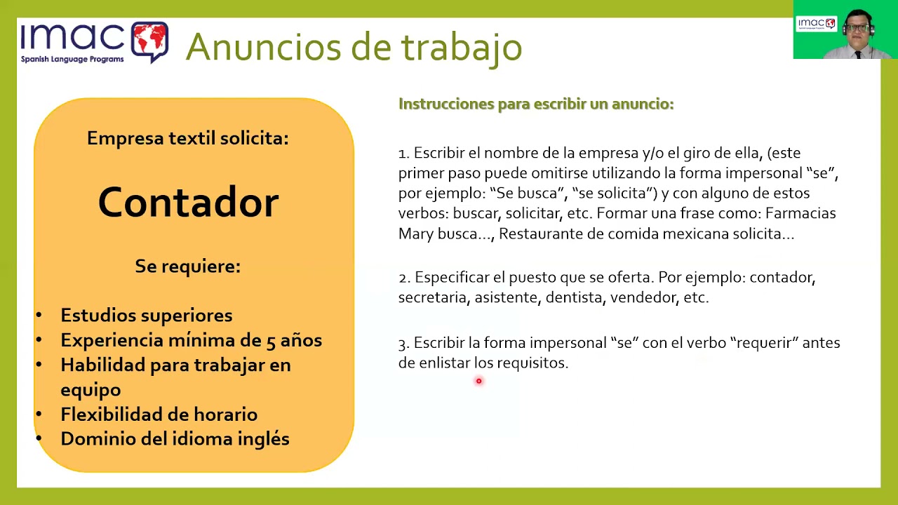 Learn Spanish: Job ads, basic structures to create them.