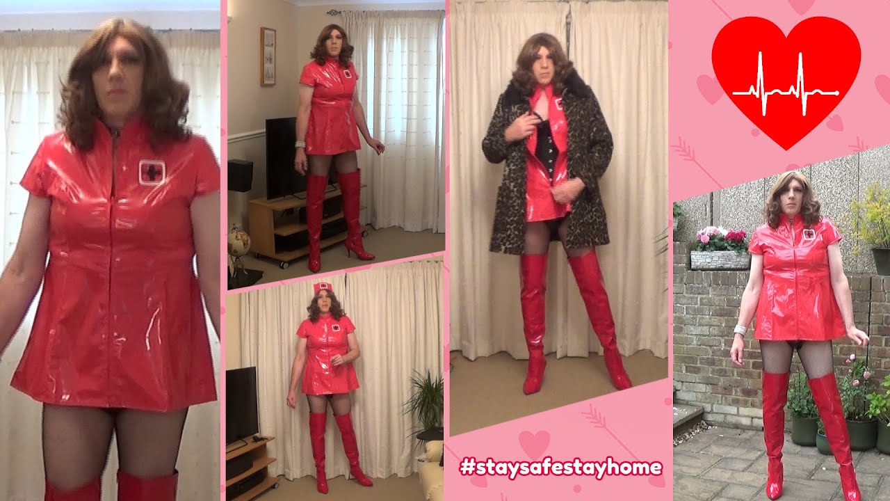 Nurse Alison in Shiny Red PVC doing her bit to bring cheer to the nation @Alison-TVinPVC