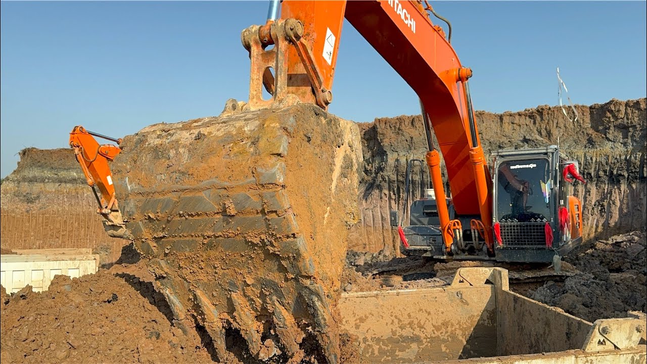 Big Bucket Hitachi ZAXIS 350 Excavator Digging Hard Mud | Massive Dump Trucks Working at Lake Site
