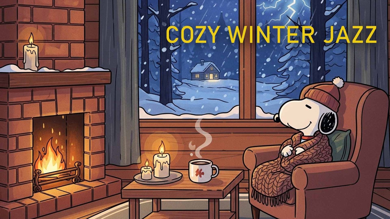 Cozy Winter Jazz with Snoopy ❄️ Fireplace Cabin Ambience for Sleep, Study & Relaxation