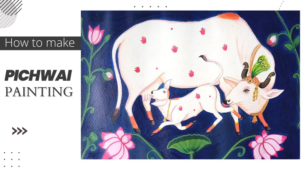 Pichwai painting of Holy Cow and  Lotus / Cow with calf Pichwai Art / Indian Traditional Painting