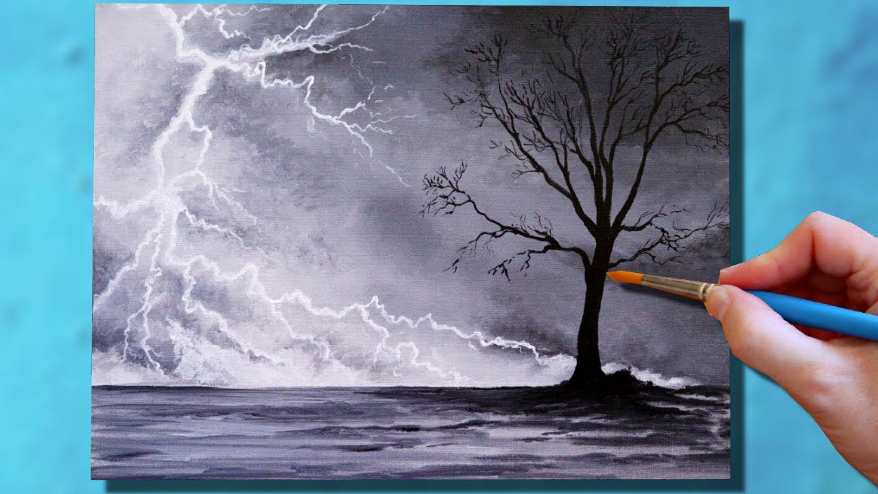 Lightning Tree | Easy Black and White Painting | Easy Acrylic Painting for Beginners