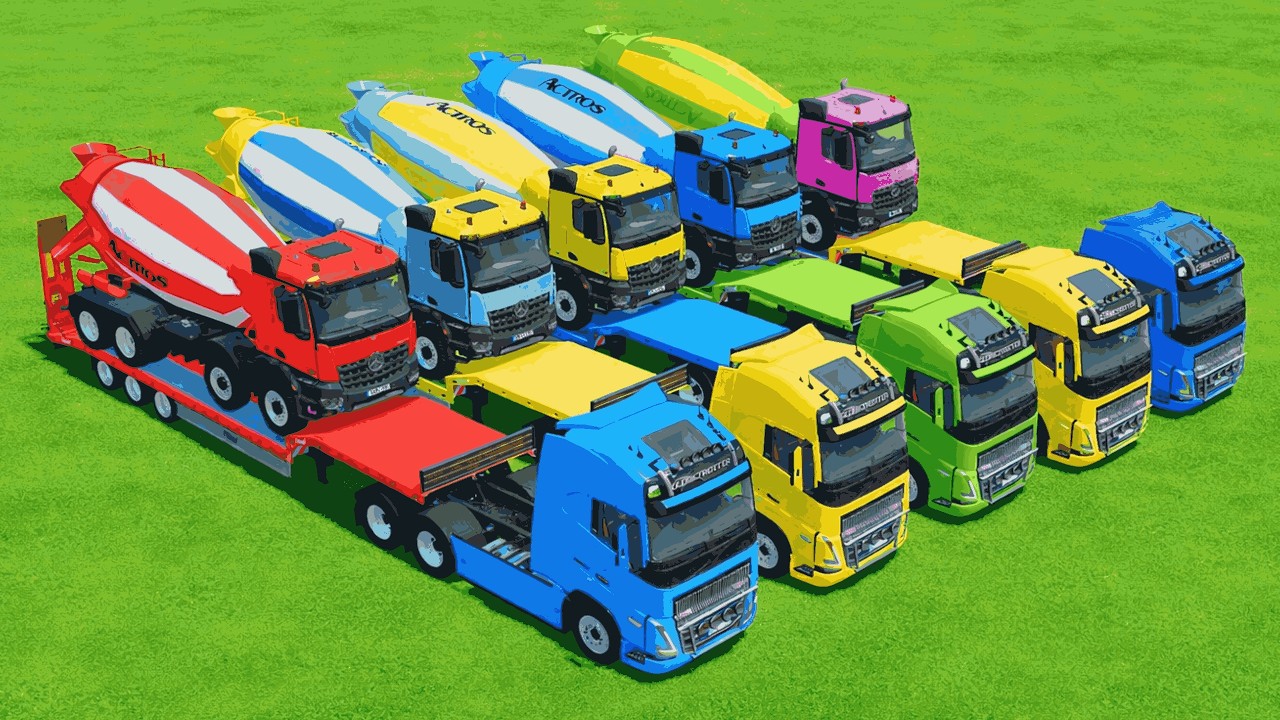 Garage with Colors - ALL MIXER TRUCK WITH DOUBLE FLATBED TRAILER TRUCK, SCANIA, Mercedes-Benz , HINO