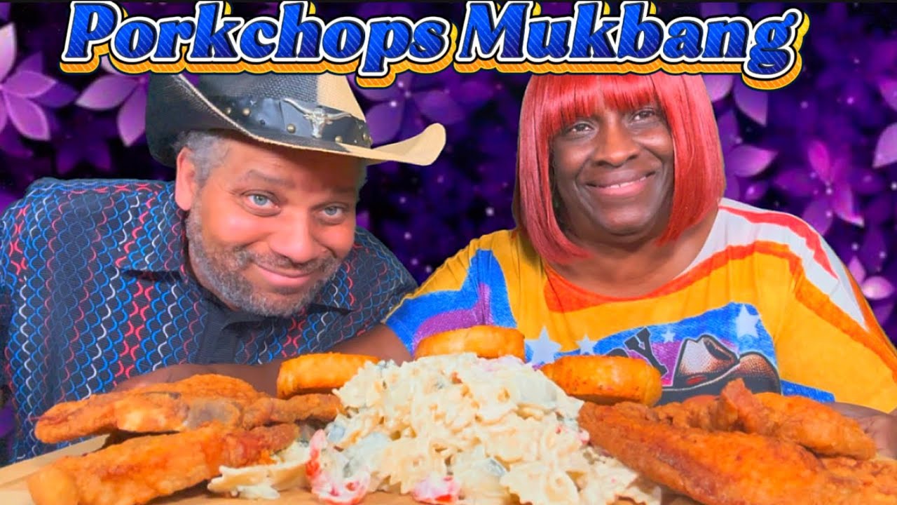 Хрустящие жареные свиные отбивные и салат с макаронами Мукбанг 🤤🔥