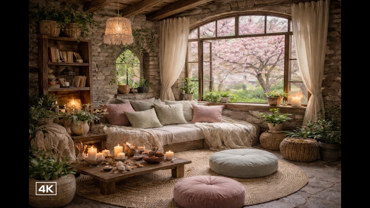 Spring Meditation Cabin Ambience 🌸 Birdsong & Gentle Music | 4K Cozy Blossom Retreat