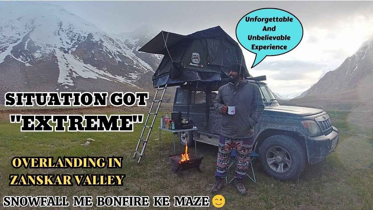 Bonfire & Rooftop Tent Camping In Snowfall | Overlanding in ZANSKAR VALLEY | LADAKH | #droneshots