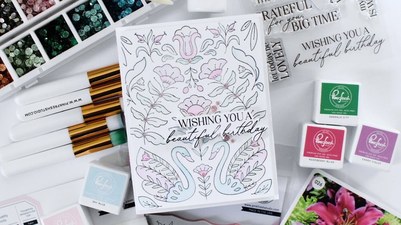 Using Pinkfresh Studio's Swan Reverie Rubber Stamp and Stencils to Create a Birthday Card