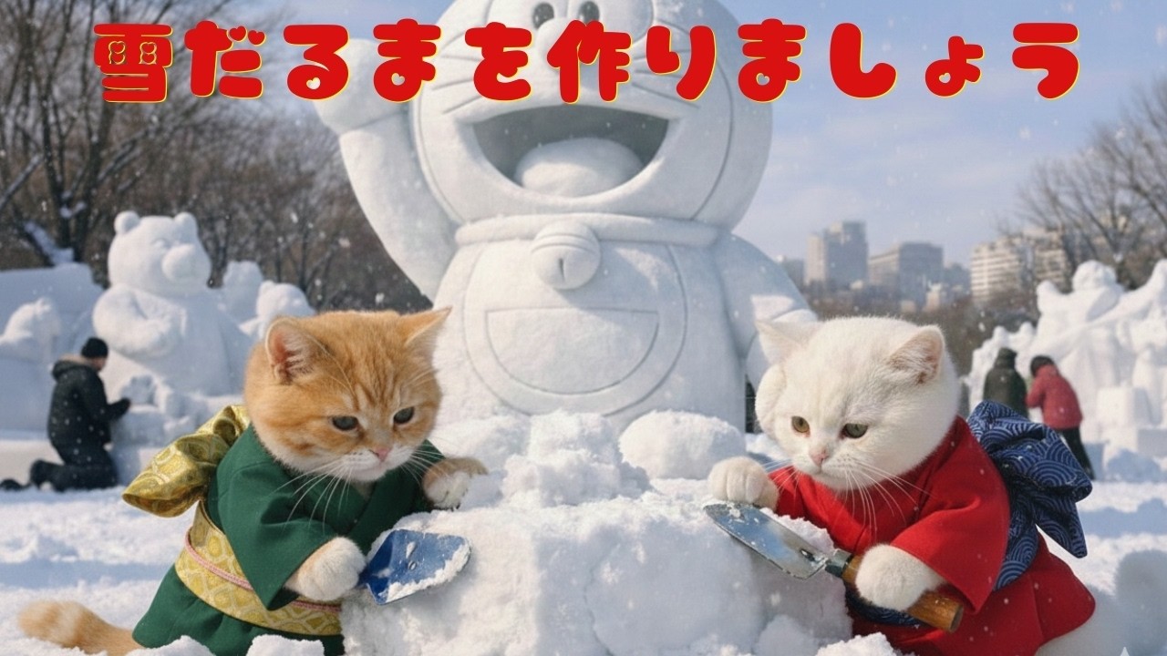 【猫ちゃん 家族】子猫と一緒に 公園で雪だるまの日 Kitten Friends’ Snowman Park Day