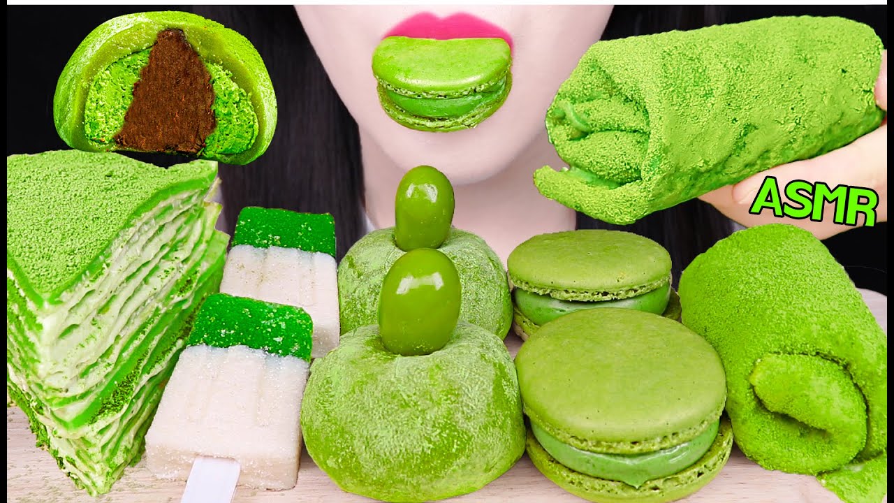 ASMR GREEN TEA CREPE CAKE, ICE CREAM GUMMY, EDIBLE TOWEL 녹차 찹쌀떡, 먹는 수건, 녹차 크레이프 케이크 먹방 EATING SOUNDS