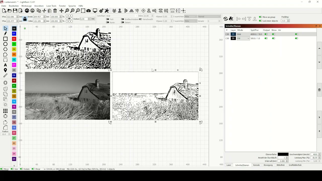 Lightburn Foto als Strichgrafik schnell umgewandelt