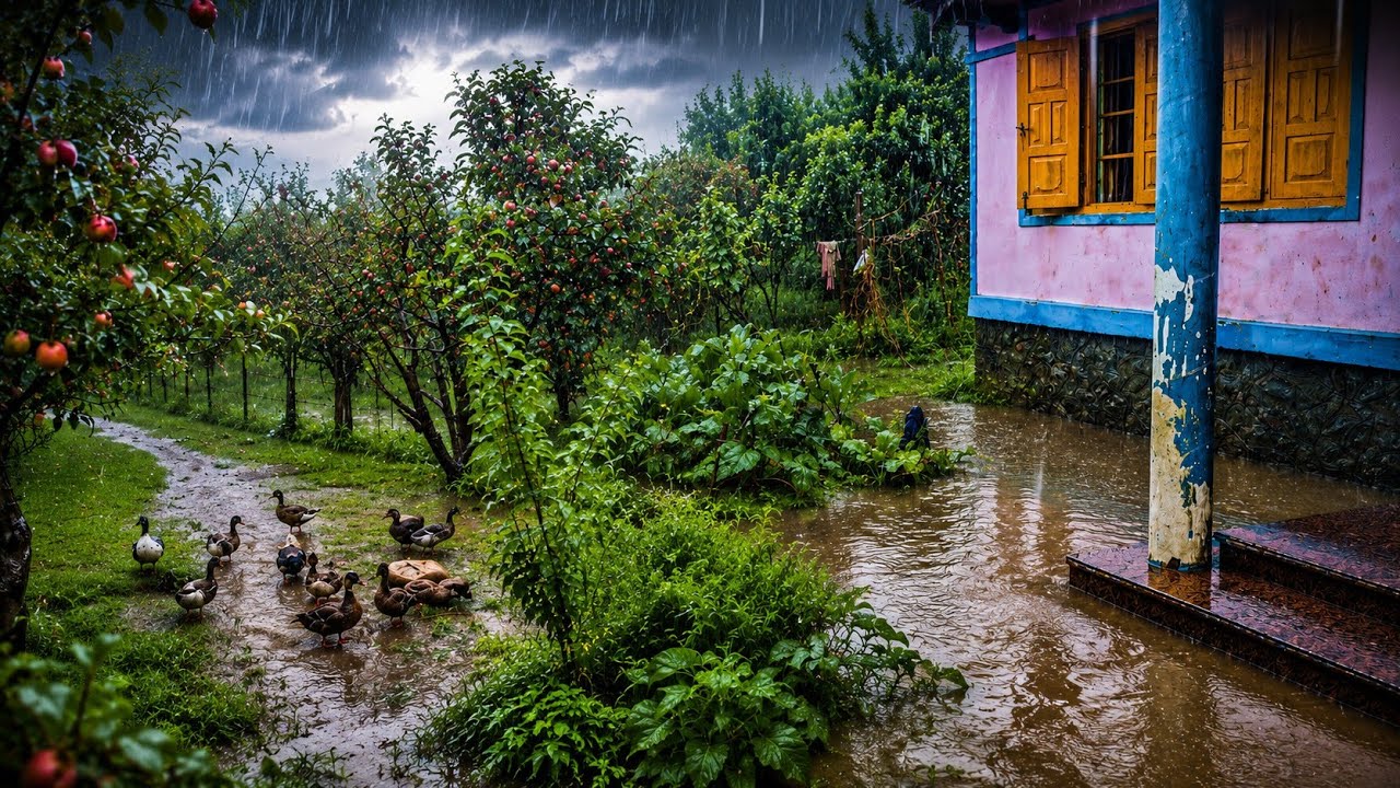 Heavy Rain in a Kashmiri Apple Orchard | Natural Rain Sounds & Village Life