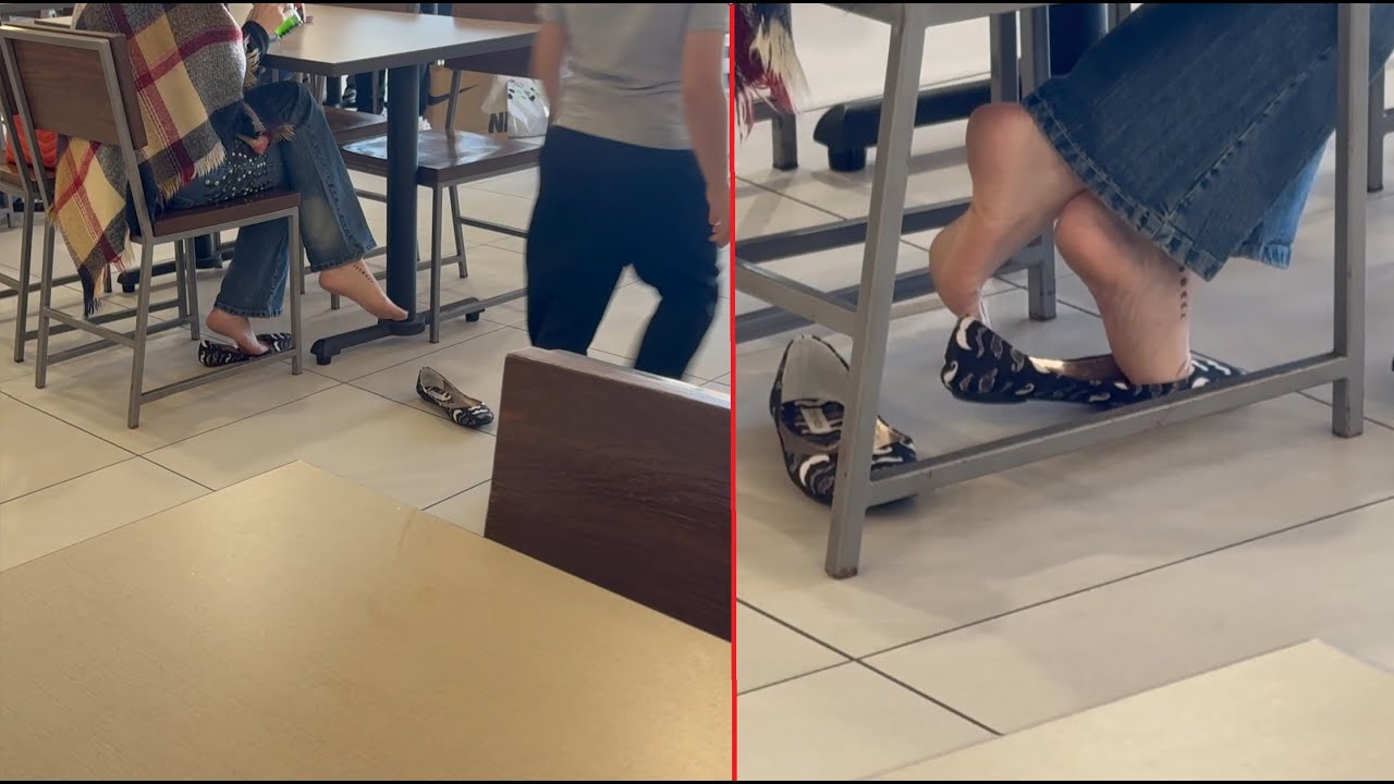 Fall In The Food Court Preview (Public Shoeplay Dipping Dangling Heel Pop Shoe Drop Flats Bare Feet)