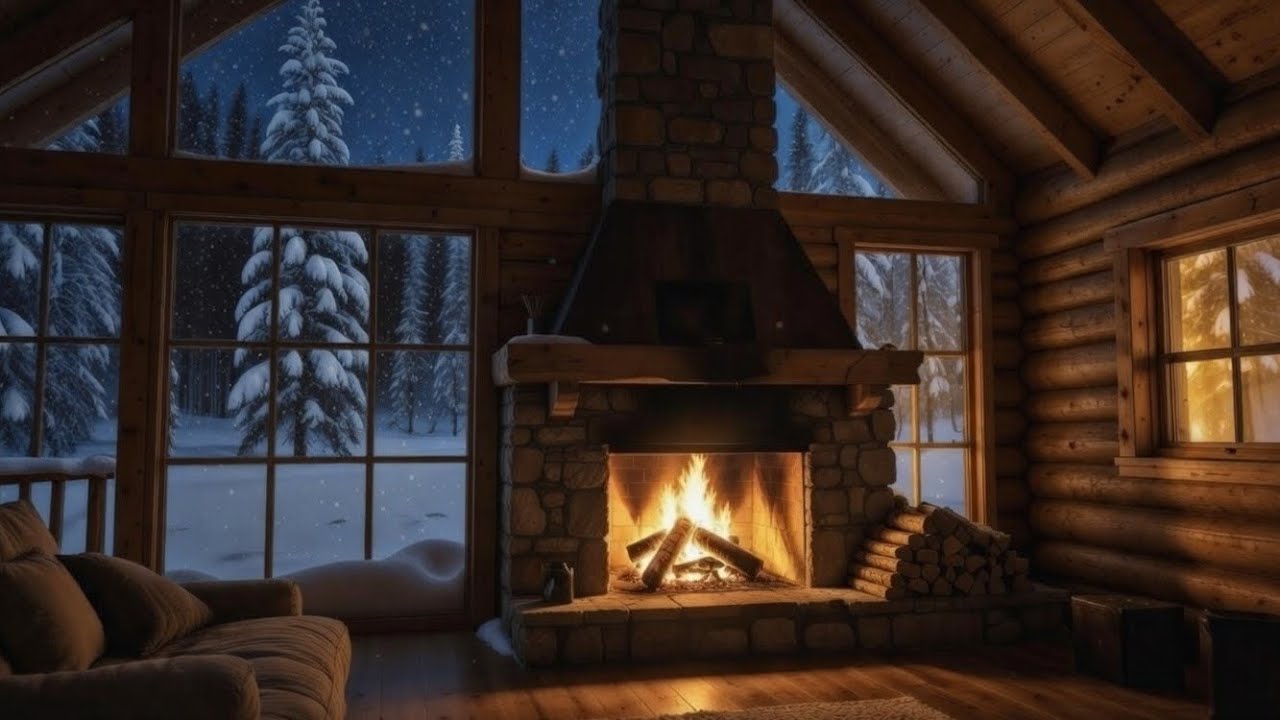 3-Hour Cozy Winter Cabin Fireplace Sounds for Sleep & Relaxation | Snow Night Ambience