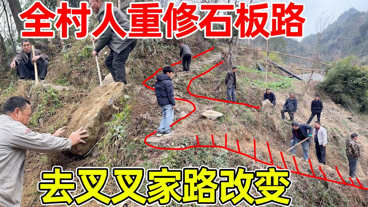 村里人重新修石板路，改变去叉叉家的路线，现在更平缓好走了，人多力量大