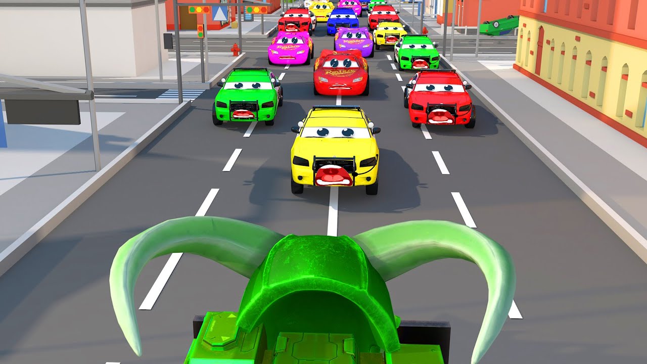 Confrontation with the police car army and Mcqueen with the Horned Car ??? Can police cars catch?