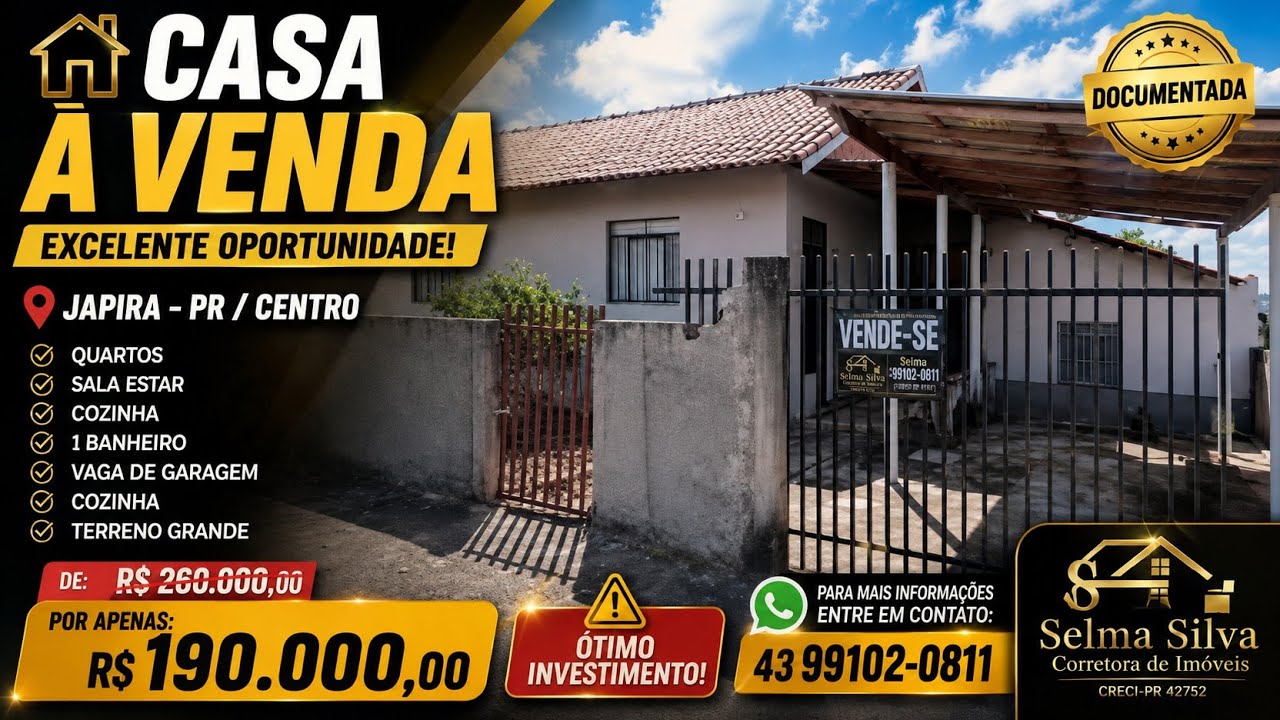 CASA A VENDA NO CENTRO DE JAPIRA MUITO BEM LOCALIZADO NO PARANÁ R$ 210.000,00 