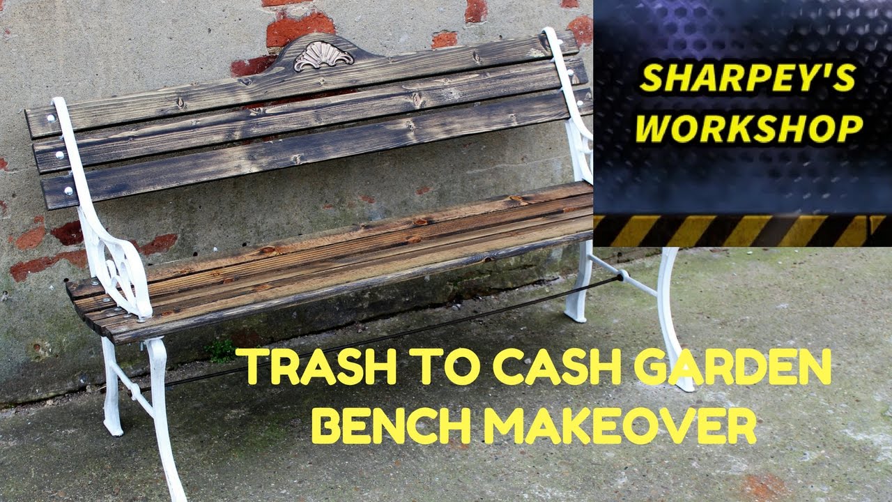 GARDEN BENCH MAKEOVER USING RECYCLED DECKING AND USED ENGINE OIL FOR THE STAIN