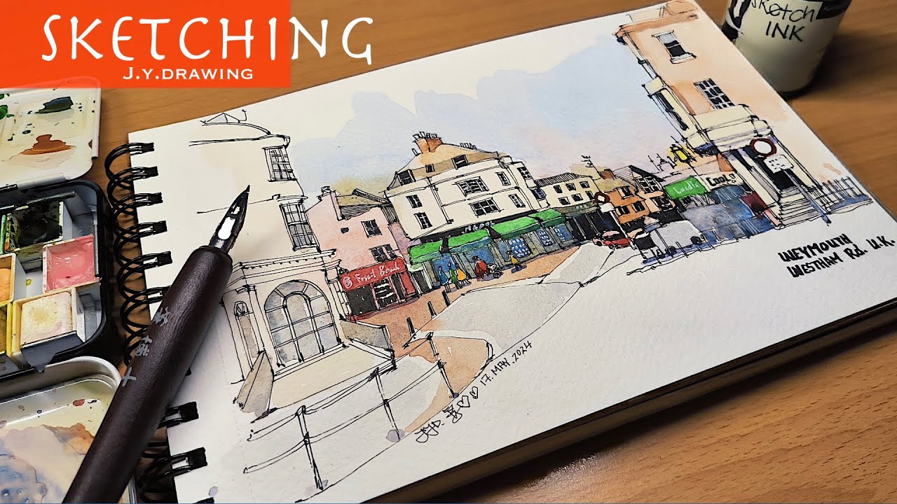 Easy Street Scene Buildings Drawing With a Dip Pen and Watercolor