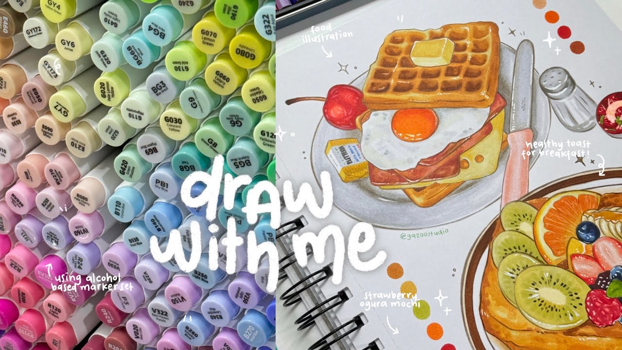 draw with me, food illustrations🍒🥝🧀 using alcohol based marker and bleedproof marker pad📑
