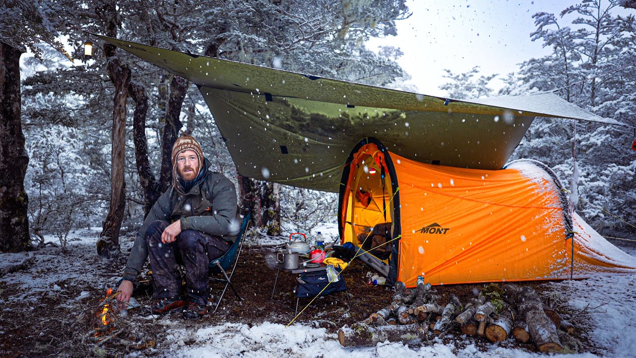 CAMPING In SNOW and HEAVY RAIN - INCOMING STORM - Winter Tent Camping