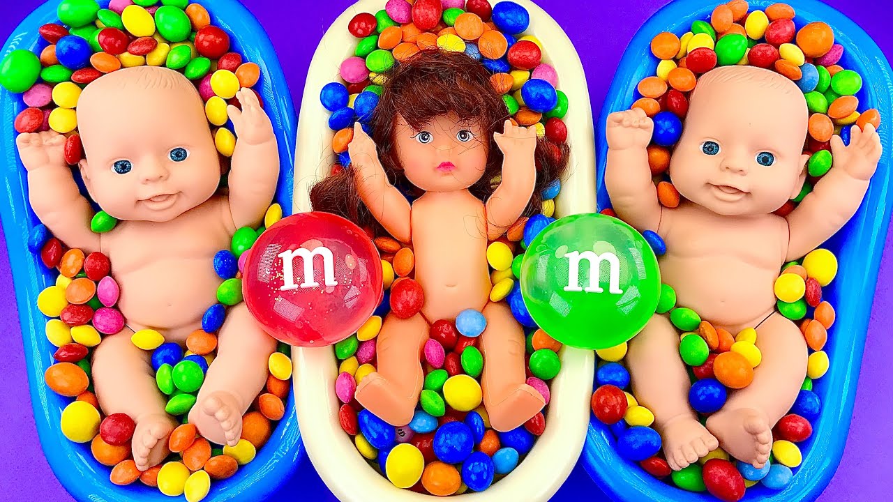 Satisfying Video | Mixing Candy in 3 Rainbow Bathtub with Slime Grid Balls & Skittles Cutting ASMR