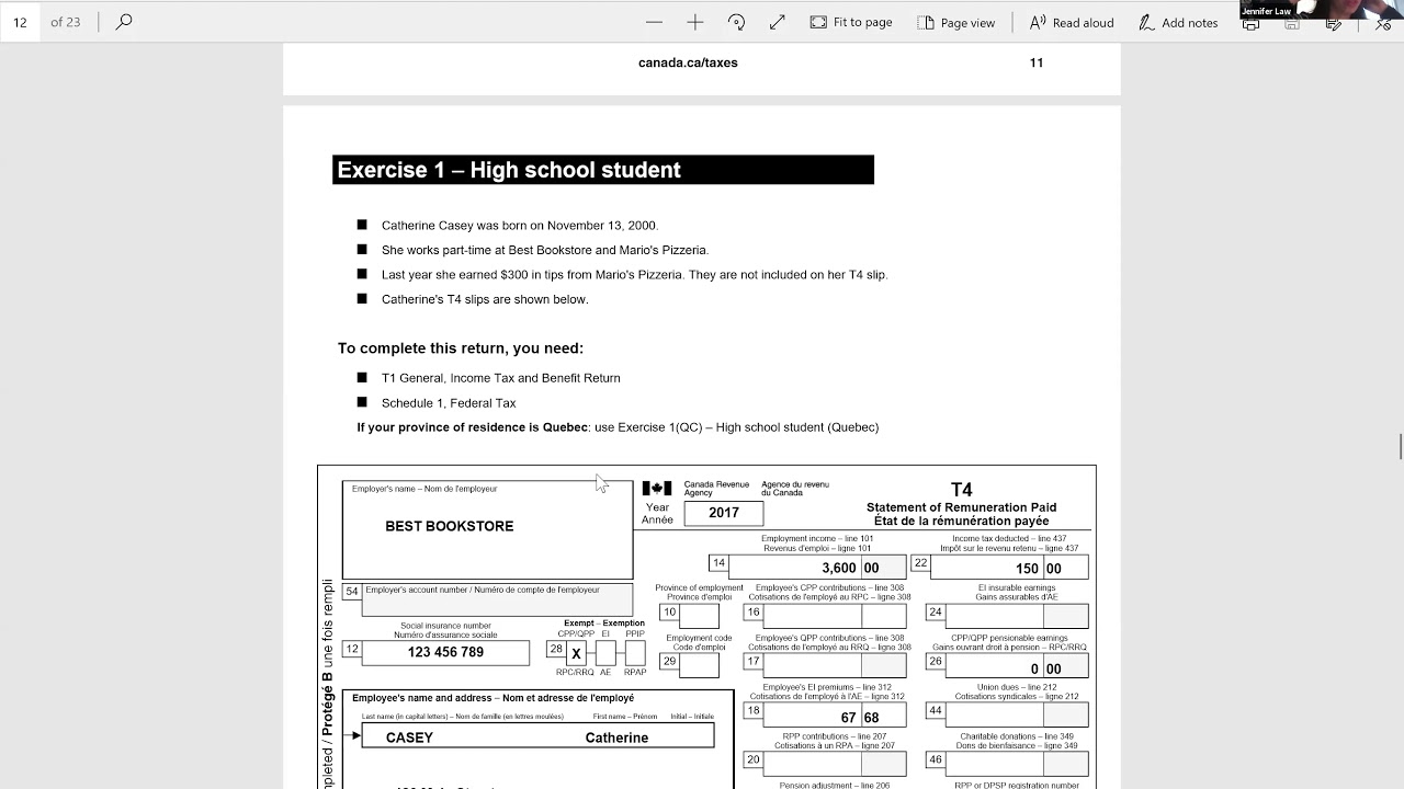 Filling out a Canadian Income Tax Form (T1 General and Schedule 1) using 2017 as an Example