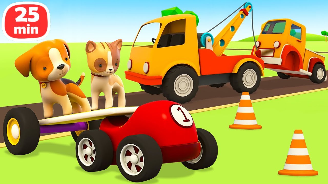 The racing cars are playing with animals and help the pickup to repair its wheels with Helper cars.
