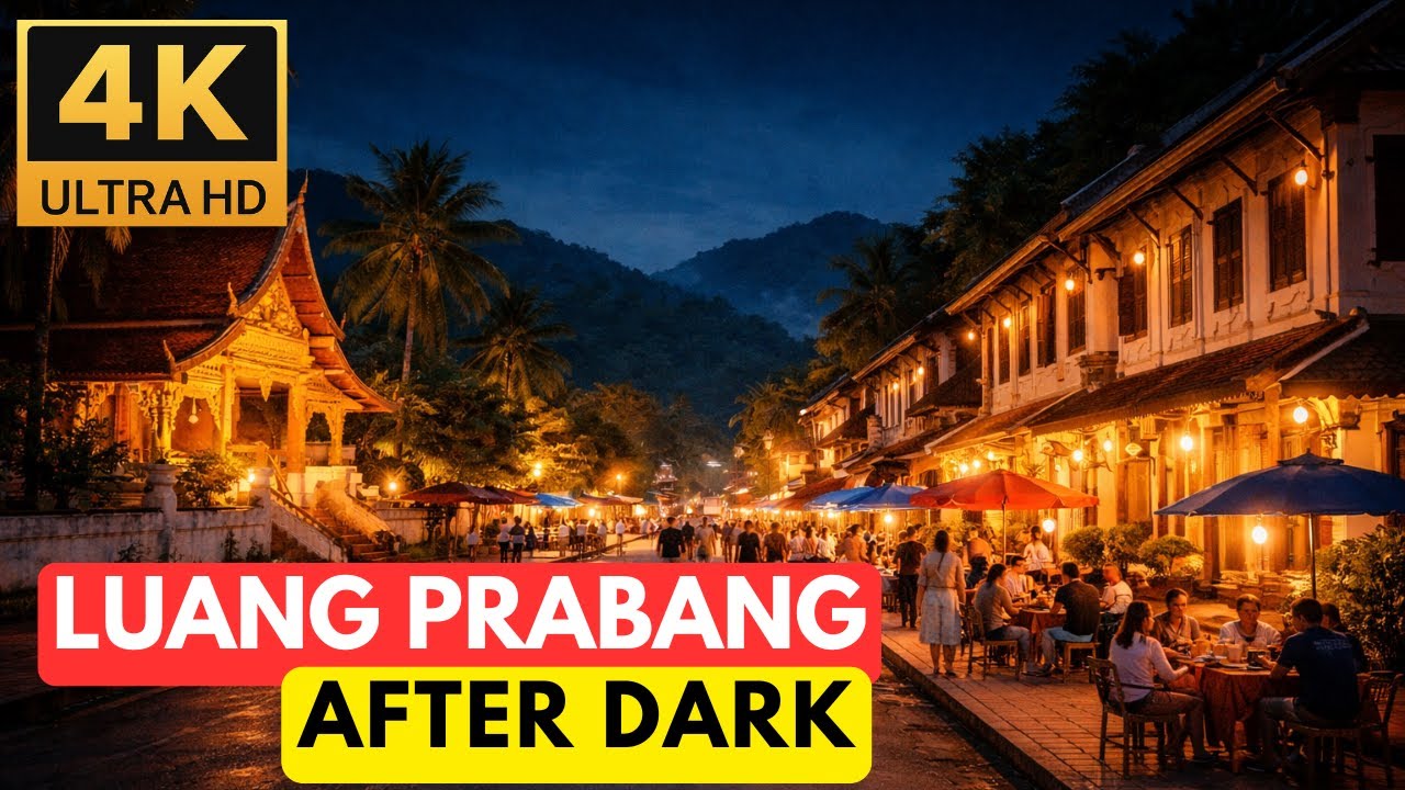 Luang Prabang, Laos After Dark - Walking Video [4K, no commentary]