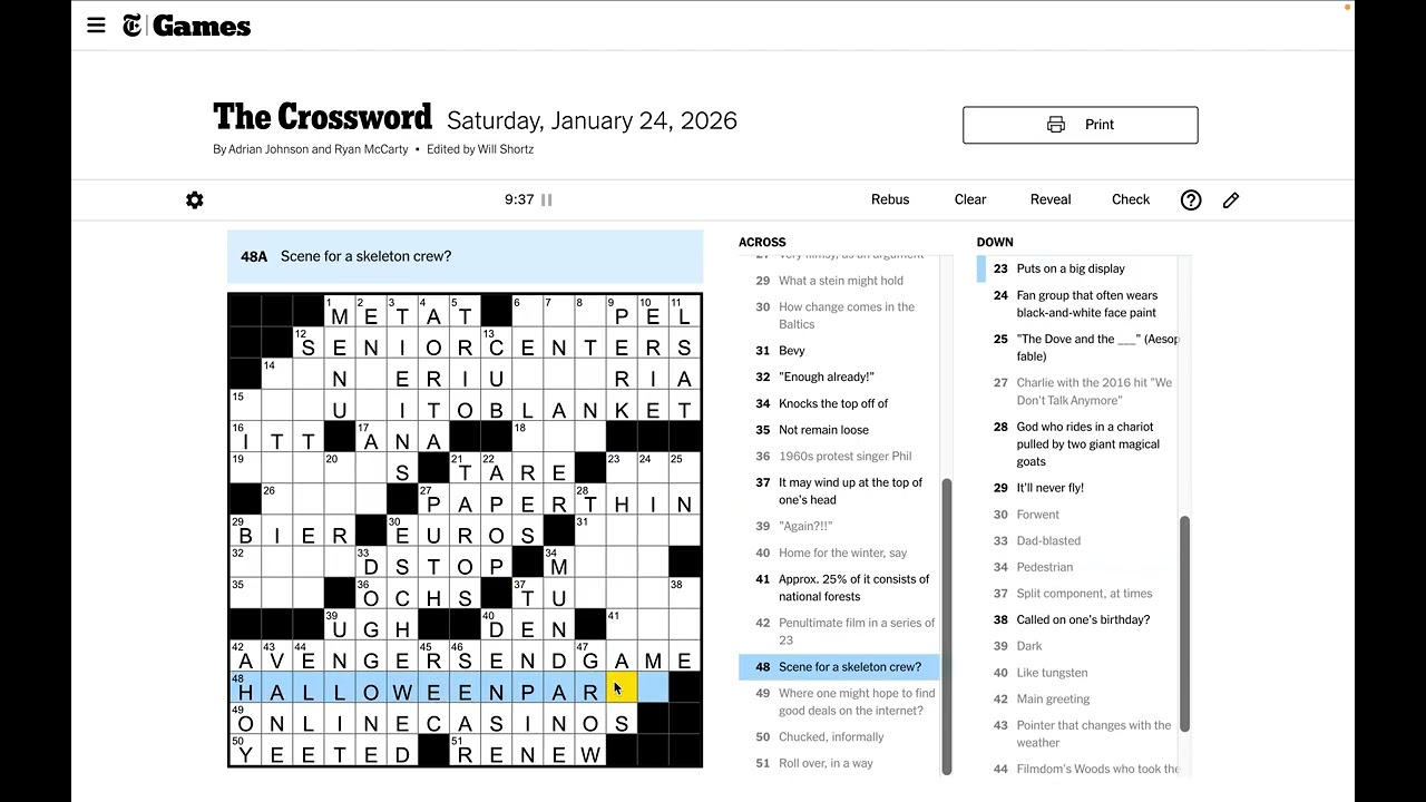 New York Times Crossword Solve - Saturday Jan 24 2026