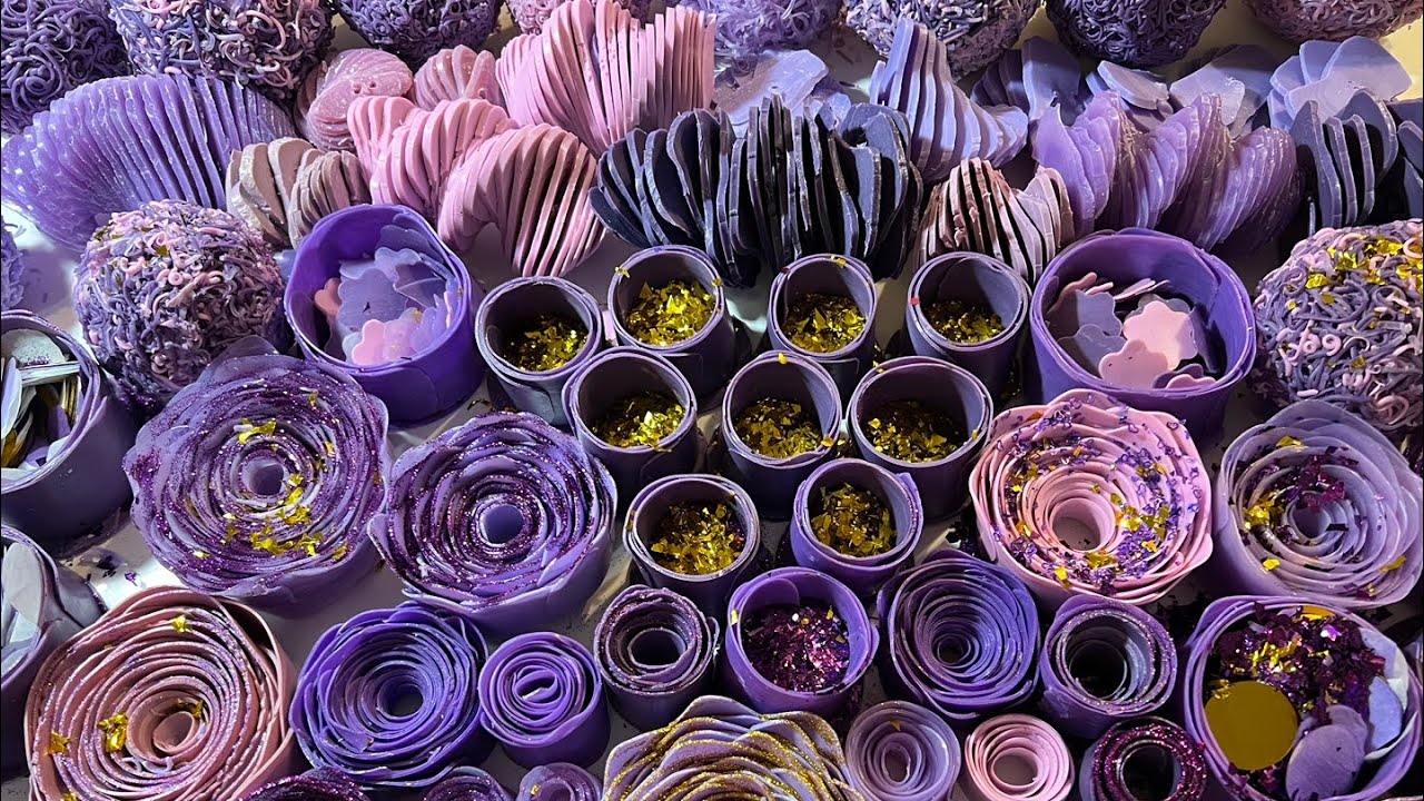 ASMR soap crushing, Giant purple set💜🍆🦄👾 Soap roses, soap spirals, tons of glitter, and more!!