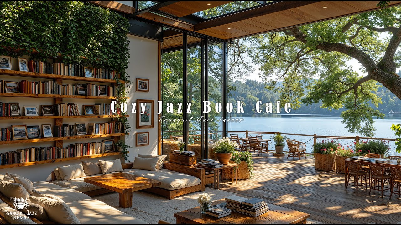 Cozy Jazz Book Cafe Ambience for Focus | Soft Jazz Music with Fresh Breeze Lakeside for Work & Read