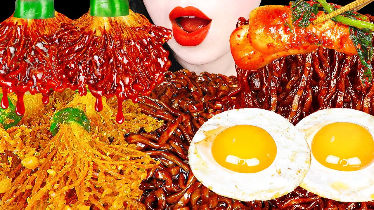 ASMR SPICY ENOKI MUSHROOM, BLACK BEAN NOODLES, KIMCHI 불닭 팽이버섯,  총각김치 짜파게티 먹방 EATING SOUNDS MUKBANG