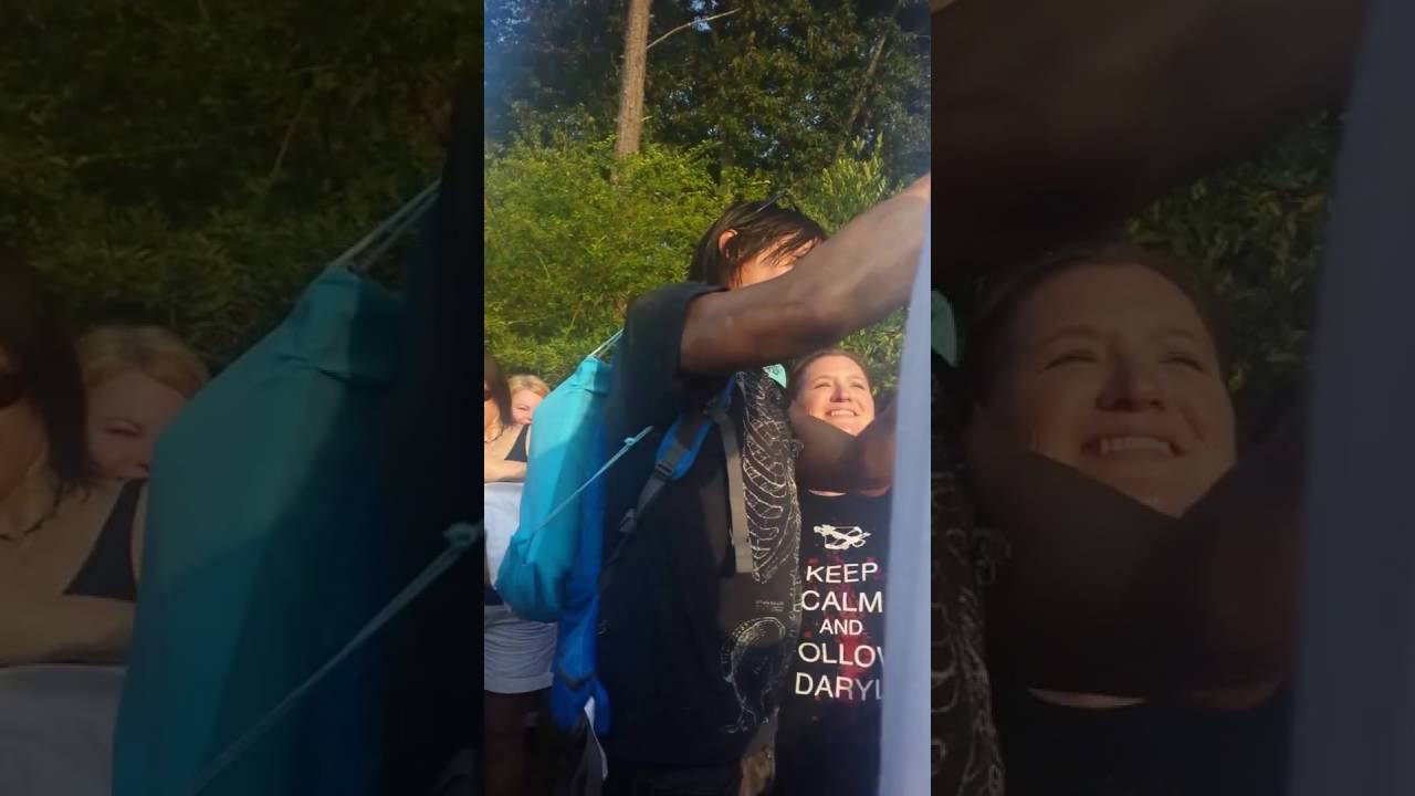 Norman Reedus talking to fans after filming at old Newnan hospital in Newnan, GA 8/2014