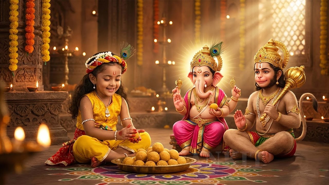 कान्हा ने अपने हाथो से लड्डू बना के गणेश और हनुमान जी को खिलाया || Yashomati Maiyaa Ke Nandlala