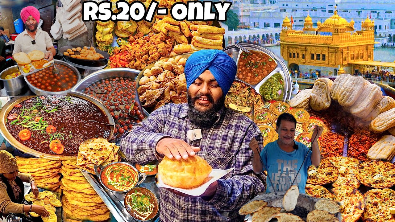 Amritsar Street Food At Rs 20/- Only 😳 | Kulcha Bhature Pooria Chole Satpura | Street Food India