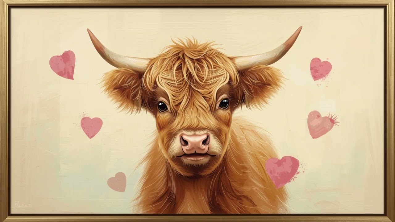 Highland Cow Valentine's Oil Painting | Free TV Wallpaper  | No Sound