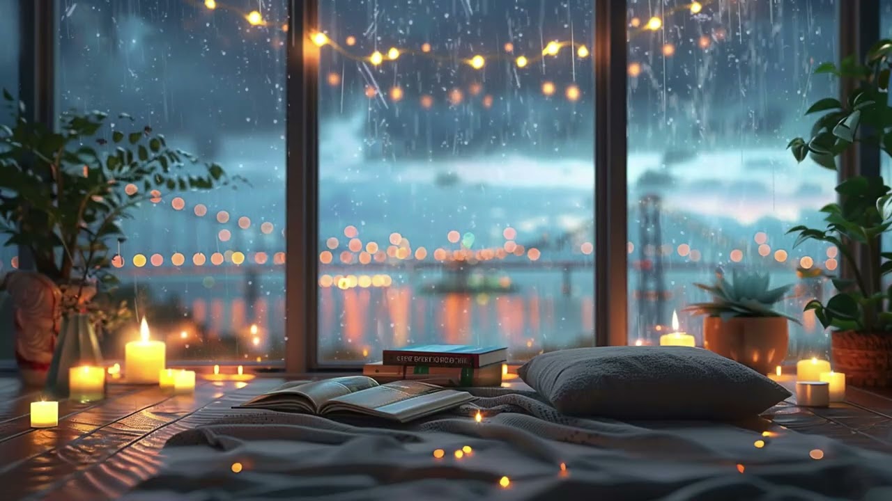 Sitting Alone in a Cozy Café Watching Rain Outside the Window on a Calm and Peaceful Night