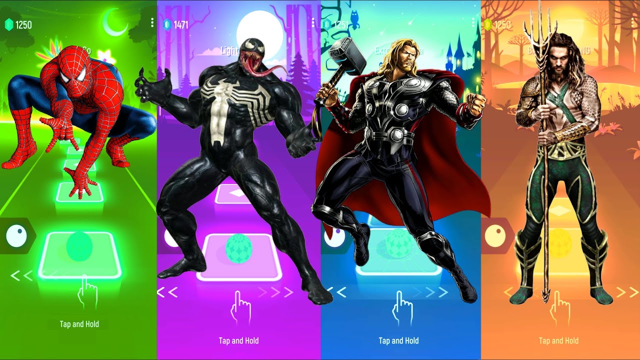 Spiderman 🆚 Venom 🆚 Thor 🆚 Aquaman | Marvel Heroes | Tiles Hop Fun Ball